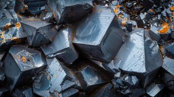 Shimmering black crystals with sharp edges capture the light, revealing unique textures and mineral deposits in a close up view of geological wonders. photo