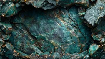 Striking emerald green rock layers reveal unique textures and patterns shaped by geological processes over time, showcasing the beauty of natural formations in the earth's crust. photo
