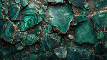 Close up view of various pieces of malachite with rich green colors and detailed swirling patterns, showcasing the unique textures and formations in natural rock. photo