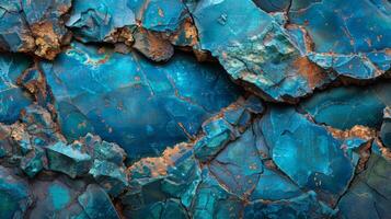 Close up view of a vibrant turquoise mineral rock showing a range of textures and colors. The rough surface reveals intricate patterns characteristic of mineral formations. photo