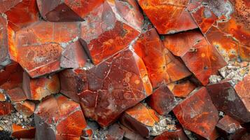 Vibrant orange red jasper stones are seen in a rugged outdoor setting, their unique patterns and textures create an eye catching display of natural beauty and geological formation. photo