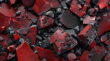 Shattered pieces of bright red and dark black glass create an intricate texture, reflecting light and forming a striking visual display on a flat surface. photo