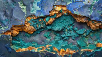 Intricate textures and vivid colors showcase a natural mineral formation found in a geological setting, highlighting the beauty and complexity of earth's materials. photo