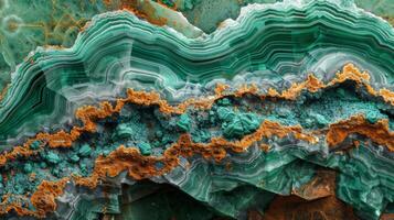 This artwork features intricate layers of malachite in varying shades of green, interspersed with bright orange textures, illustrating the uniqueness of geological formations. photo