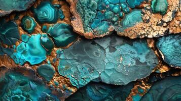 Textured surface features mesmerizing shades of turquoise and gold, revealing intricate natural patterns formed by geological processes over time. photo