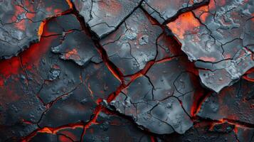 This visual depicts a cracked surface revealing bright red lava beneath, highlighting intense volcanic activity in a dark setting, creating an awe inspiring contrast. photo