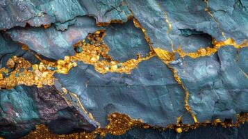 Close up view reveals a stunning array of mineral veins in vibrant colors and textures, highlighted by striking gold deposits that shimmer against the darker rock surface. photo