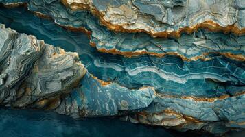 Intricate layers of blue and gold stone create a captivating landscape, showcasing natural patterns formed by erosion at a coastal location under bright sunlight. photo