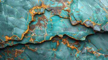 Detailed, textured layers of turquoise and brown minerals showcase a stunning natural formation illuminated by soft lighting, highlighting their unique patterns and colors. photo