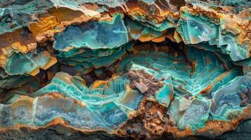 A captivating display of a geological formation with striking blue and orange hues, revealing complex patterns and textures formed over time, showcasing nature's artistry. photo
