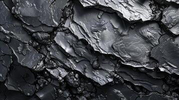 Layered dark slate rocks create a textured surface with natural shine, showcasing the beauty of geology in a rugged outdoor environment under overcast skies. photo