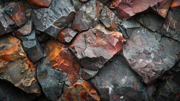Various stones with vivid colors and textures are arranged closely, showcasing their unique patterns and geological features in a natural outdoor environment. photo