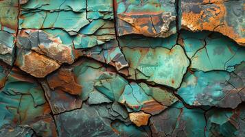 An intricate surface displays a mix of turquoise and orange tones, emphasizing cracked layers that suggest age and weathering, creating an eye catching abstract pattern. photo