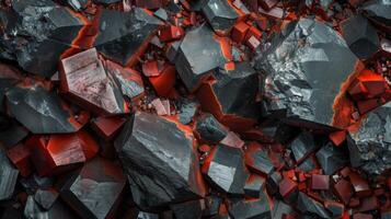 Jagged black and red stones are scattered across a surface, with glowing cracks illuminating the rocks, creating a striking contrast in the low light of dusk. photo