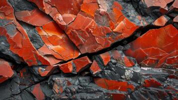 Unique combination of vibrant red and dark black rock highlights layering and natural erosion, creating striking patterns found in a mountainous landscape on a sunny day. photo