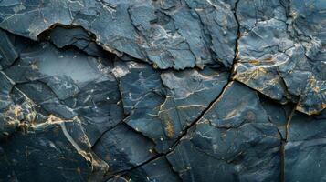 Close up of a rugged black slate rock surface highlighting cracks and intricate textures that reflect its geological history and natural formation processes photo