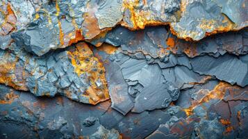 Close up view of an intricate layering of rust and mineral textures on a rocky surface reveals vibrant colors and natural artistry, highlighting the effects of weathering over time. photo
