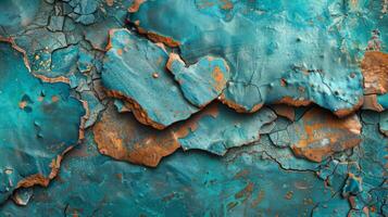 Striking layers of turquoise and rust colors create a captivating abstract surface on a weathered metal backdrop, showcasing nature's artistry in texture and color. photo