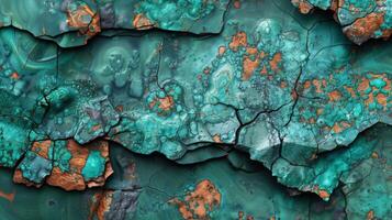 The artwork reveals an intricate abstract composition with vivid turquoise and copper elements. Natural textures merge in dramatic contrast, highlighting organic patterns and layers. photo
