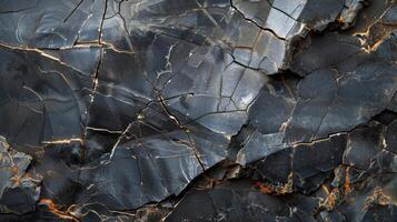 A detailed examination reveals a rugged rock surface with a network of cracks and deep color variations. photo