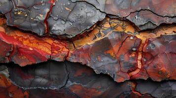 An intricate surface displays eye catching patterns with vibrant reds, oranges, and blacks. The cracks create a striking abstract representation of geological features, showcasing natural textures. photo