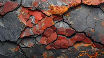 Intricate patterns of vibrant red and orange rock fragments are visible, showcasing the geological activity at a volcanic location. The unique textures highlight natural beauty. photo