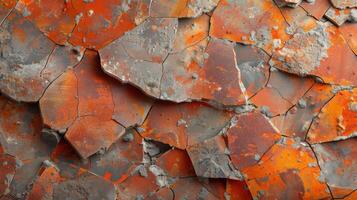 A textured surface displays cracks filled with a mix of orange and gray colors, suggesting age and wear. The intricate patterns add depth and character, emphasizing natural artistry. photo
