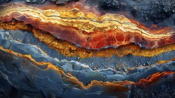 Vibrant layers of rock in shades of red, orange, and blue reveal intricate patterns formed by geological processes in a stunning underground setting. photo