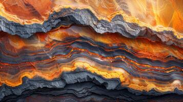 Layers of rock showcase striking orange and gray colors, exhibiting geological features shaped over time. The intricate patterns highlight natural erosion and mineral variations. photo