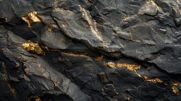 Dark rock surface displays shimmering golden veins highlighting the rich mineral deposits often sought after in mining activities in mountainous regions. photo