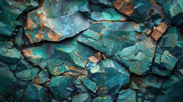This striking mineral formation displays a variety of turquoise and copper hues, highlighting the unique textures and patterns characteristic of natural rock layers. photo