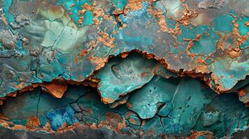 Vibrant turquoise and copper colors emerge from peeling paint, showcasing an abstract design with intricate textures and patterns that create a striking visual effect. photo