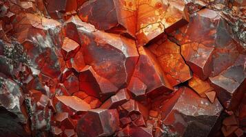 Colorful mineral formation displays a stunning array of red and orange hues with angular shapes and cracks. This natural rock feature reveals rich geological textures. photo