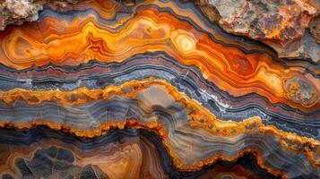 Striking layers of orange and gray create a vivid display in a rock formation, showcasing the beauty of natural minerals at a geological site during daylight. photo