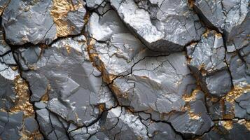 Detailed view of a rugged surface displaying cracked silver and gold textures. The interplay of colors and patterns creates a visually striking and complex appearance. photo