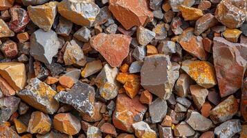 A diverse collection of small rocks in shades of red, orange, brown, and gray lies under sunlight, highlighting their unique shapes and surfaces in a natural setting. photo