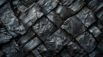 Detailed view of charred wood pieces arranged in a unique pattern, illustrating the aftermath of fire. The blackened surfaces reveal the texture and complexity of burned natural materials. photo