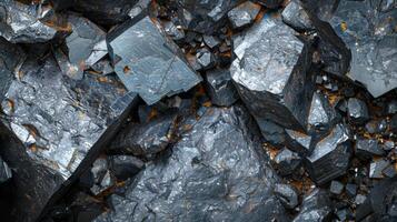 This detailed view displays a cluster of metallic minerals with distinct crystalline structures and rough surfaces, highlighting their natural beauty and geological significance. photo