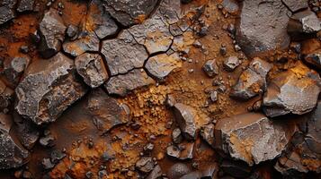 Detailed view of a rocky surface features various stones and textures with rich colors, presenting a natural landscape. Light accentuates the intricate patterns found in nature. photo