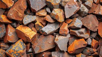 Close up view of a collection of jagged rocks featuring vivid orange and muted gray tones, creating a striking and textured visual. photo