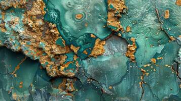 A stunning close up reveals a textured rock formation with vibrant green hues and earthy patterns. The natural mineral formations highlight the beauty of geological processes over time. photo