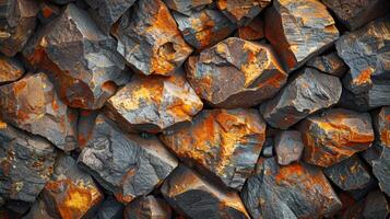 Colorful collection of rocks featuring gray and orange tones, showcasing intricate textures and natural patterns, commonly found in outdoor environments illuminated by sunlight. photo