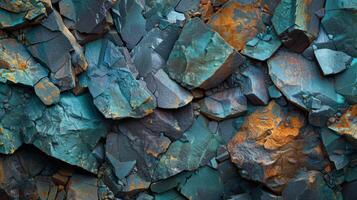 Various mineral formations exhibit rich colors and distinct textures, highlighting the beauty of geological features during evening light in a serene environment. photo
