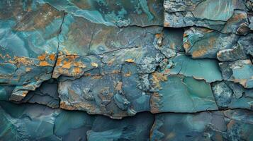 Intricate patterns of layered rock showcase a blend of teal, orange, and gray hues, revealing the complexity of natural stone formations shaped by environmental forces. photo