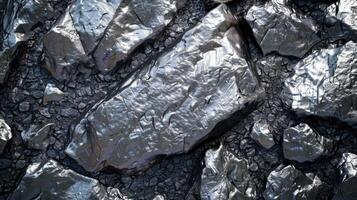 Various metallic rocks with shiny surfaces and rough textures scattered across dark mineral soil, illuminated by ambient natural light, highlighting their unique geological formations. photo