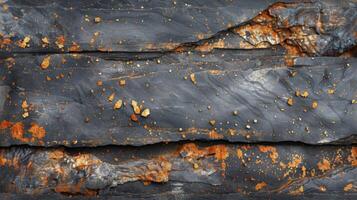 Close up view of a geological formation featuring dark rock layers interspersed with golden and orange mineral deposits under natural light, highlighting the intricate textures and colors. photo