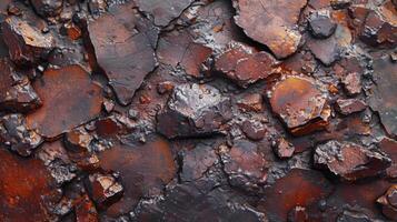 Close up view of a varied surface featuring intricate patterns of weathered rocks with shades of rust and orange under natural light, revealing the beauty of geological formations. photo