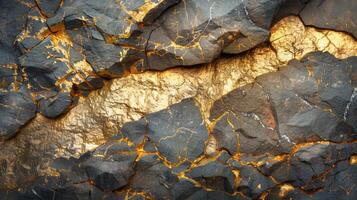 A close up look at a striking rock formation features dark stones with shimmering golden mineral veins, highlighting the natural beauty and complexity of geological structures. photo