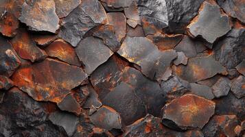Layers of dark and rusty colored rocks form a textured background, revealing unique patterns and earthy tones. Natural lighting enhances the rugged appearance of the stones. photo
