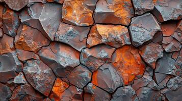 Vivid orange and gray rock fragments create an intricate pattern on a cracked surface, highlighting the natural erosion processes in a dry, rugged region. photo